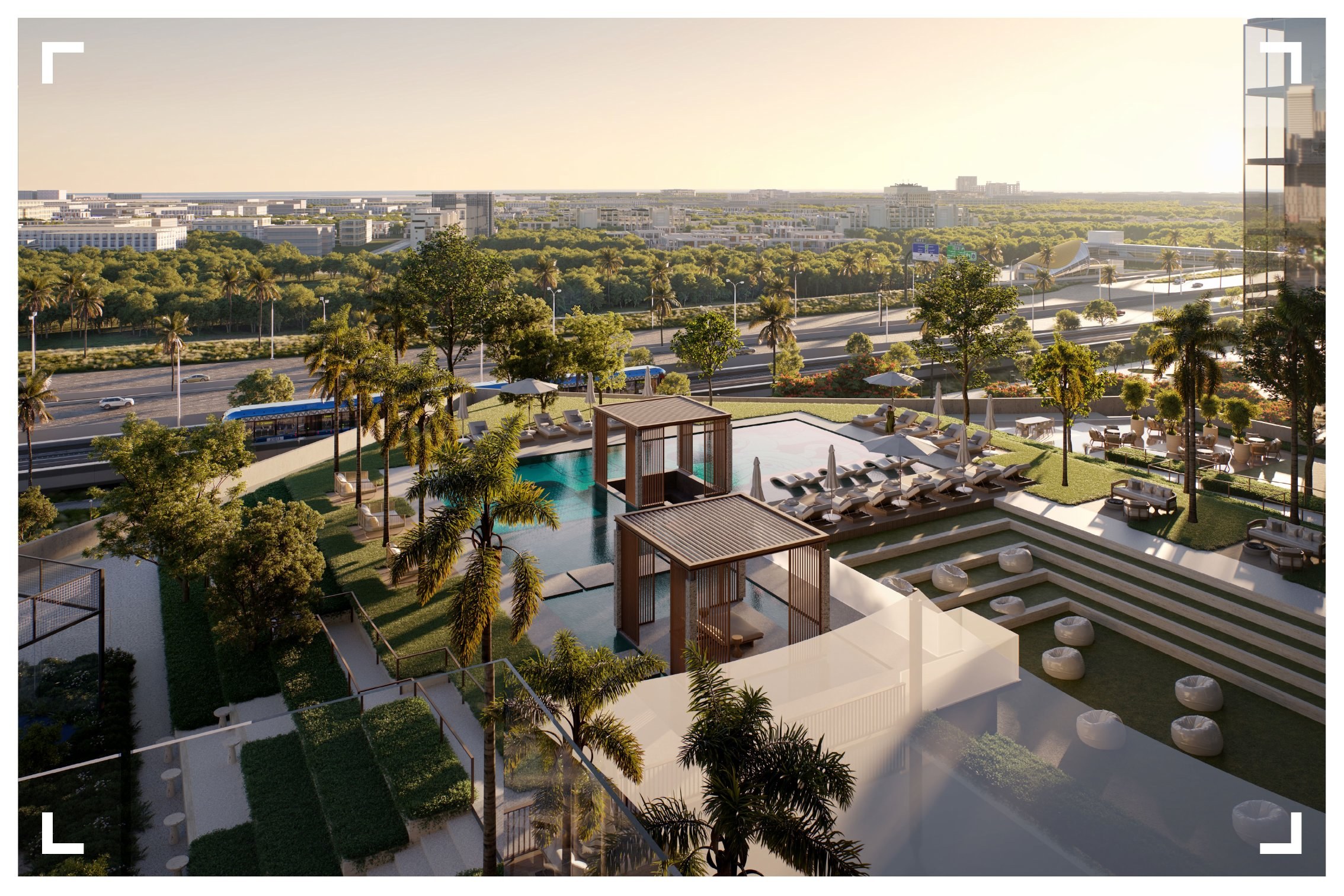 RAW District II. Podium pool, landscaping and metro visible to the left